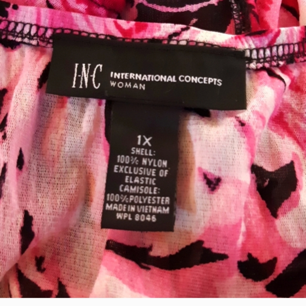 Womens Blouse Plus 1x  pink n black swirl floral sheer mid sleeve top elastic - Picture 5 of 5